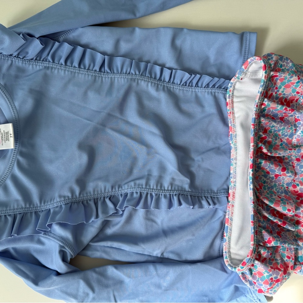 Ruffle Butts Blue Ruffled Swimsuit set with Floral Bottom